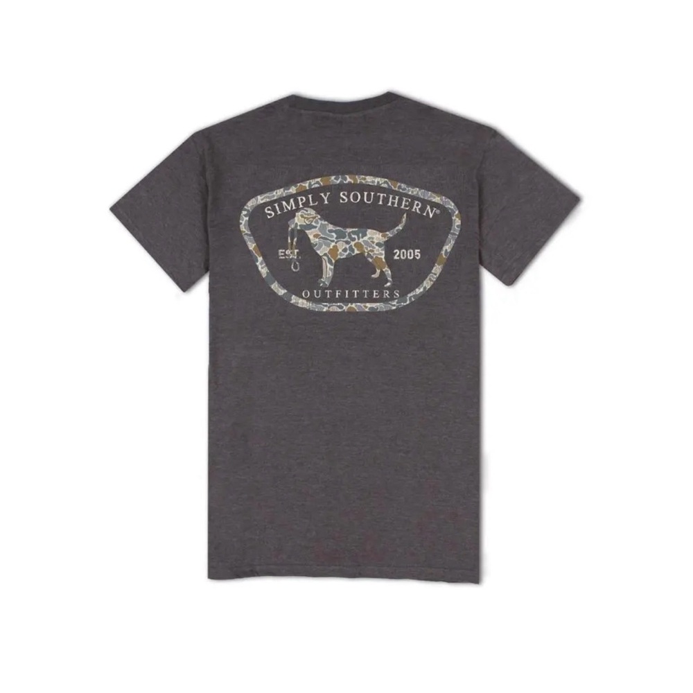 Simply Southern Charcoal Tee with Camo Dog Graphic- NWT